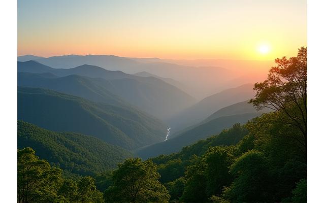 Scenic view of Asheville mountains and city skyline at sunrise