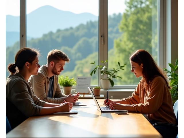 Team collaborating in a serene, plant-filled office in Asheville