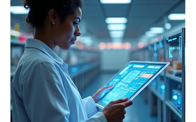 Scientist looking at data on a tablet in a clean, modern lab setting
