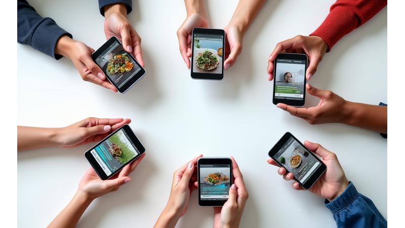 Diverse hands holding phones, laptops, and tablets featuring snippets of online wellness discussions and happy participants