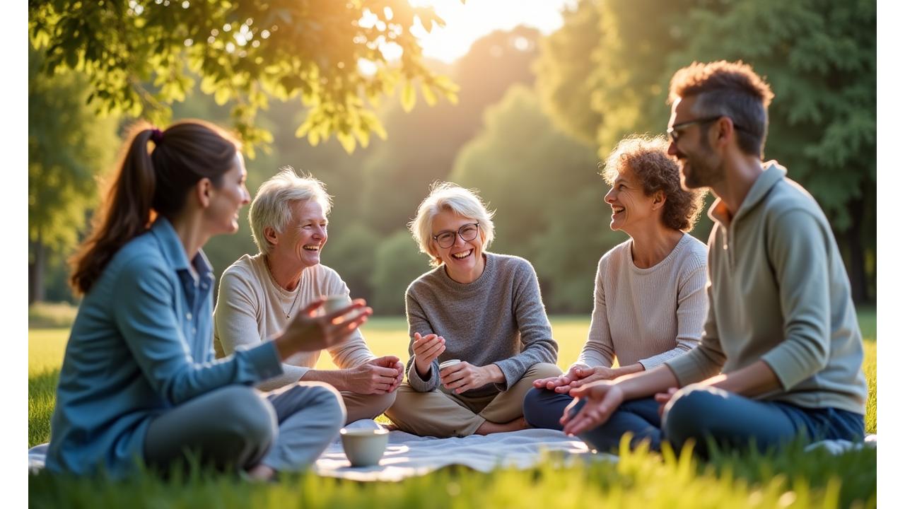 Diverse group of adults happily interacting in a serene, nature-inspired setting