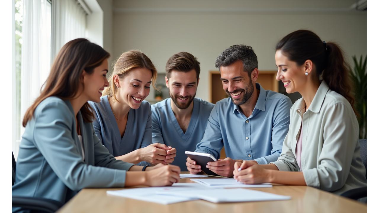 Diverse group of professionals collaborating around a table with wellness-related visuals