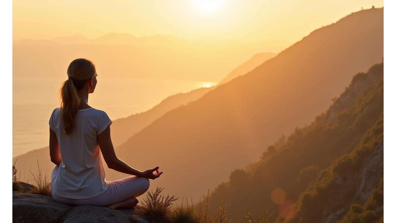 Woman meditating at sunrise, embodying peace and longevity.