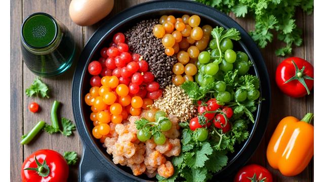 Colorful, healthy plate of food with fresh vegetables, fruits, and grains