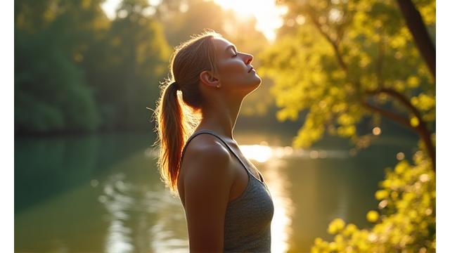 Woman practicing deep breathing outdoors, serene expression amidst nature