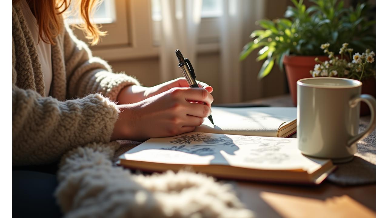 A person sketching in a notebook by a window with natural light, focusing on creative, screen-free activity
