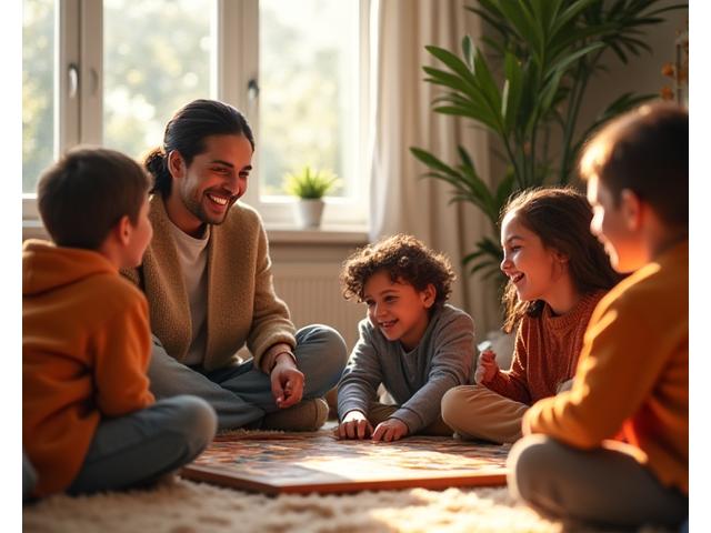 Family playing a board game together in a cozy living room, laughing and interacting without screens