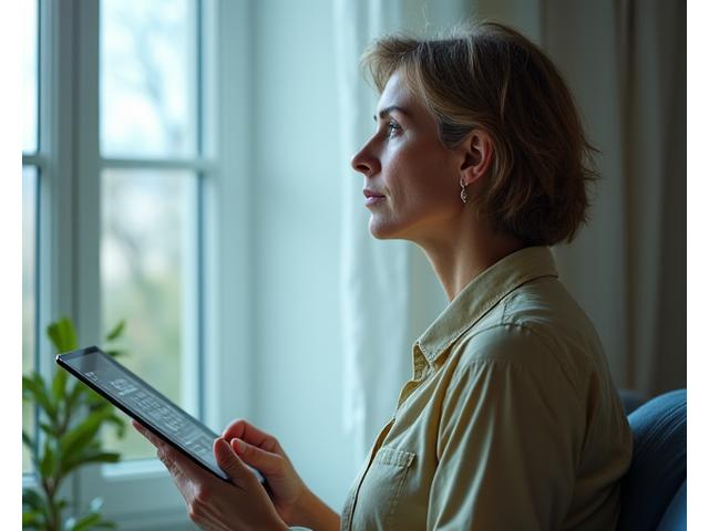 Woman assessing digital impact on wellbeing with a tablet, looking thoughtful