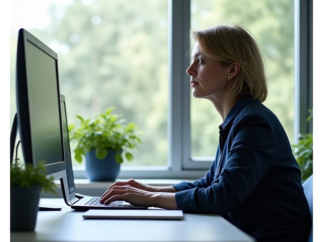 Person using a laptop with focused expression in a modern office, but with a sense of calm and intentionality, not stress