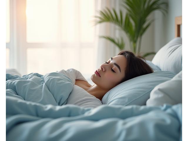 Woman peacefully sleeping in a bright, serene bedroom