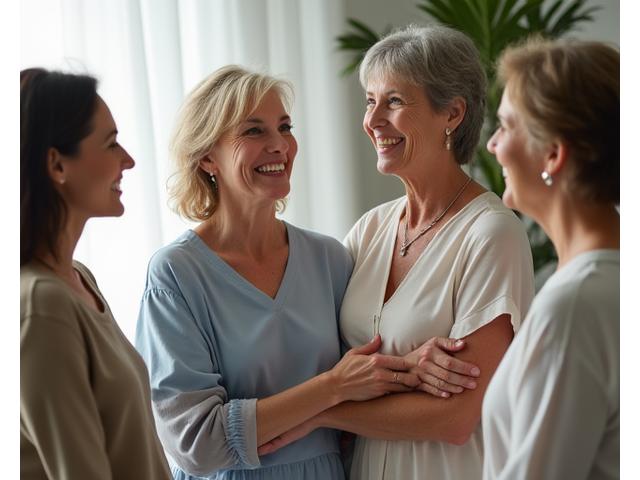 Four diverse women in their 40s and 50s smiling and connecting in a warm, inviting setting, representing a supportive community.