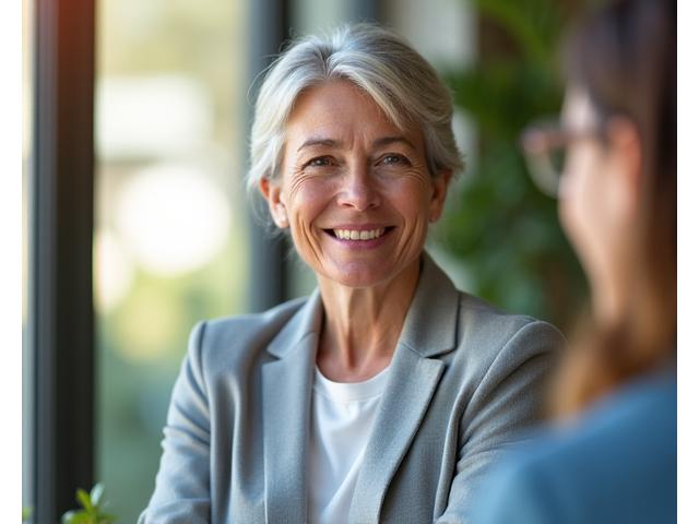 A confident, knowledgeable female health expert, in her 50s, smiling warmly while consulting with a client in a bright, modern wellness clinic.