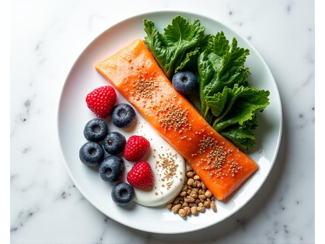 A colorful, balanced plate of food featuring phytoestrogen-rich foods like leafy greens, berries, fish, and nuts.