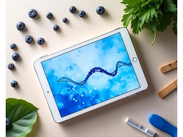 Illustration of a DNA testing kit with related analysis data appearing on a tablet screen, symbolizing health assessment