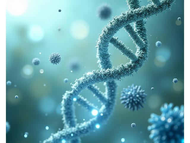 Abstract depiction of DNA helix intertwined with gut microbiome, illustrating personalized nutrition based on genetics and gut health