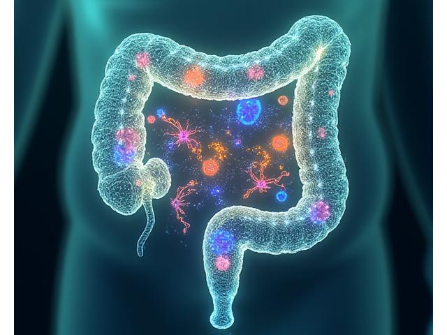 Stylized abstract illustration of healthy gut bacteria flourishing, symbolizing gut microbiota diversity and wellness