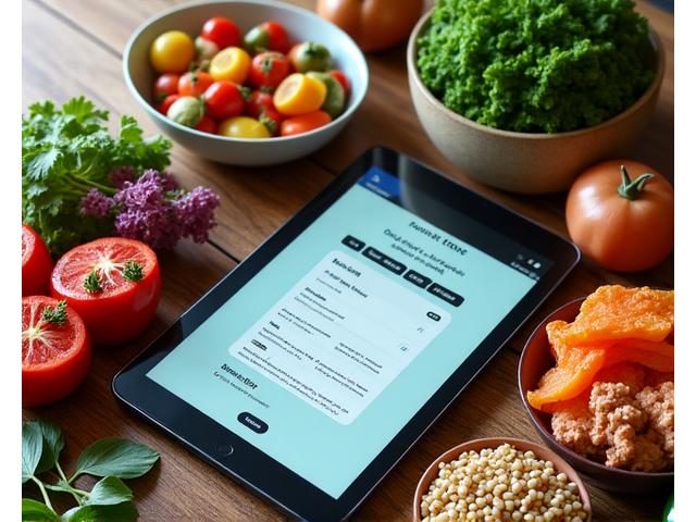 A tablet displaying a personalized meal plan with ingredients and healthy food images, next to fresh produce