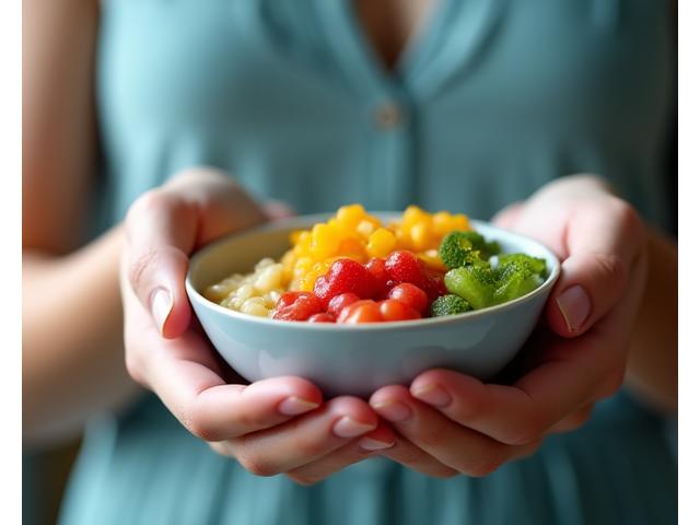 A person calmly eating a healthy meal, focusing on the food with a serene expression, surrounded by soft lighting
