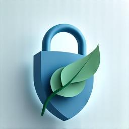 Abstract icon representing data security and privacy, a shielded lock with a leaf accent