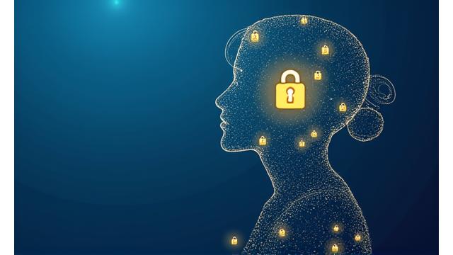 Illustration of a person's profile icon surrounded by abstract data notes and secure locks, representing personal information protection.