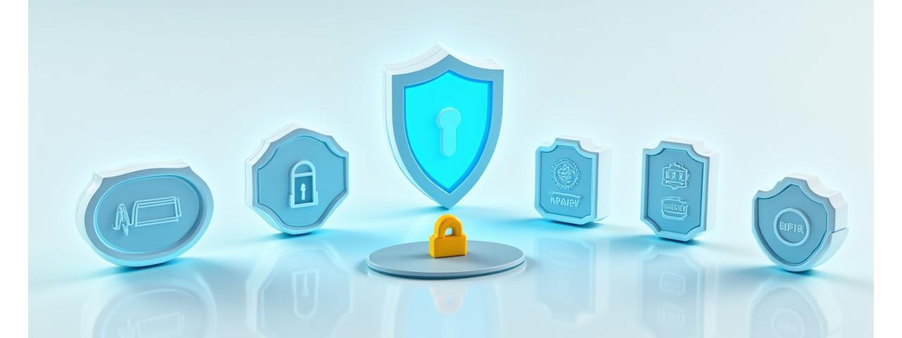 Illustrations of security badges and compliance certifications like HIPAA, GDPR, ISO 27001, emphasizing trust and data security.