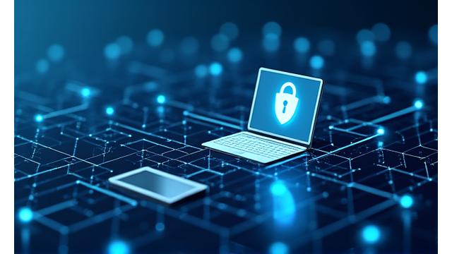 Illustration of various digital devices (laptop, phone) connected by secure lines, representing technical information and network security.