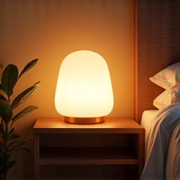 Stylish, minimalist light therapy lamp emitting a soft, therapeutic glow