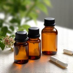 Artfully arranged bottles of natural sleep supplements like magnesium and melatonin