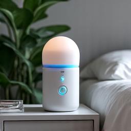 Modern white noise machine with soothing light feature on a bedside table