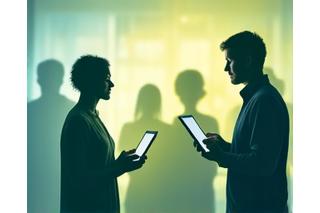 Diverse group of adults in a supportive online community setting with chat bubbles