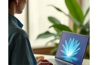 Person using a laptop responsibly, surrounded by wellness symbols