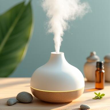 Modern essential oil diffuser emitting a gentle mist