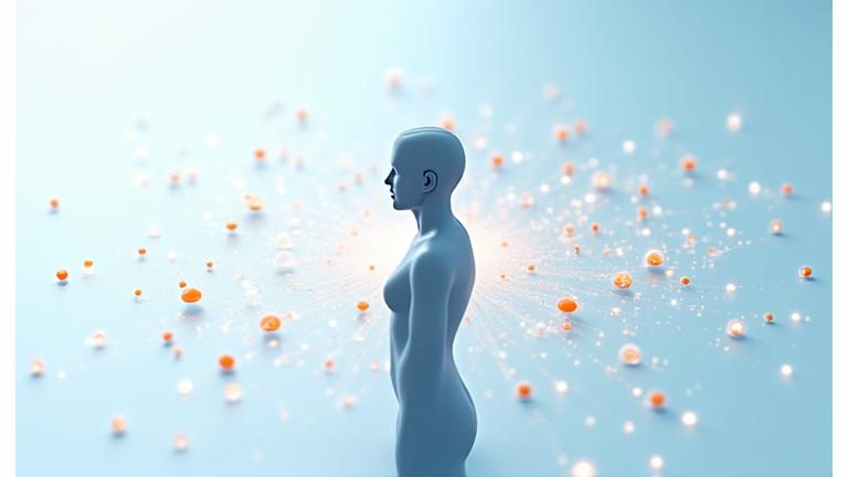 Abstract illustration of a person's profile connected to various wellness products via glowing lines