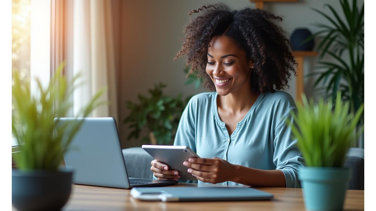 Woman engaged in a virtual wellness workshop on a tablet with plant elements