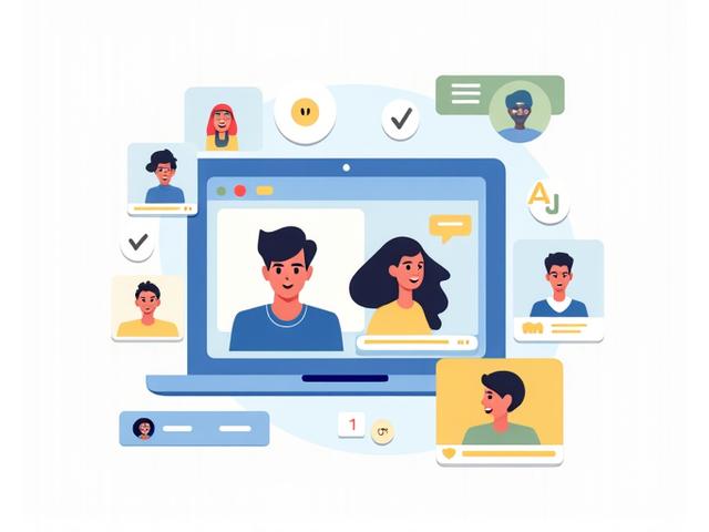 Illustration of interactive workshop elements like chat, video calls, and shared documents